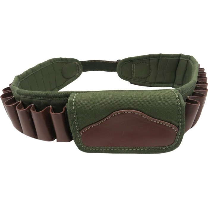 Cartuccera in cordura verde e cuoio con 22 celle per calibro 12/20